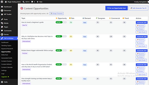 TNT AI SEO Writer trending topics list with trend score, demand, and intent columns