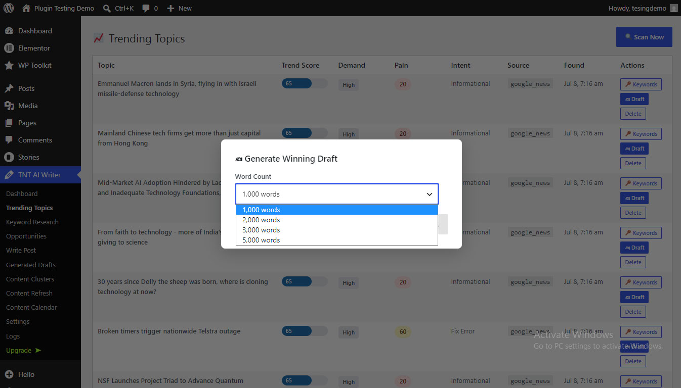 TNT AI SEO Writer draft generation settings with word count and AI provider options