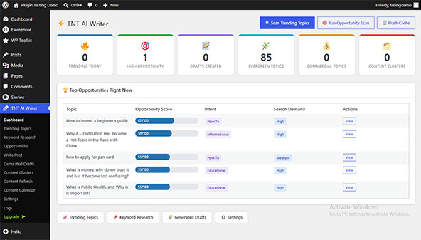 TNT AI SEO Writer dashboard showing trending topics, opportunity scores, and drafts created